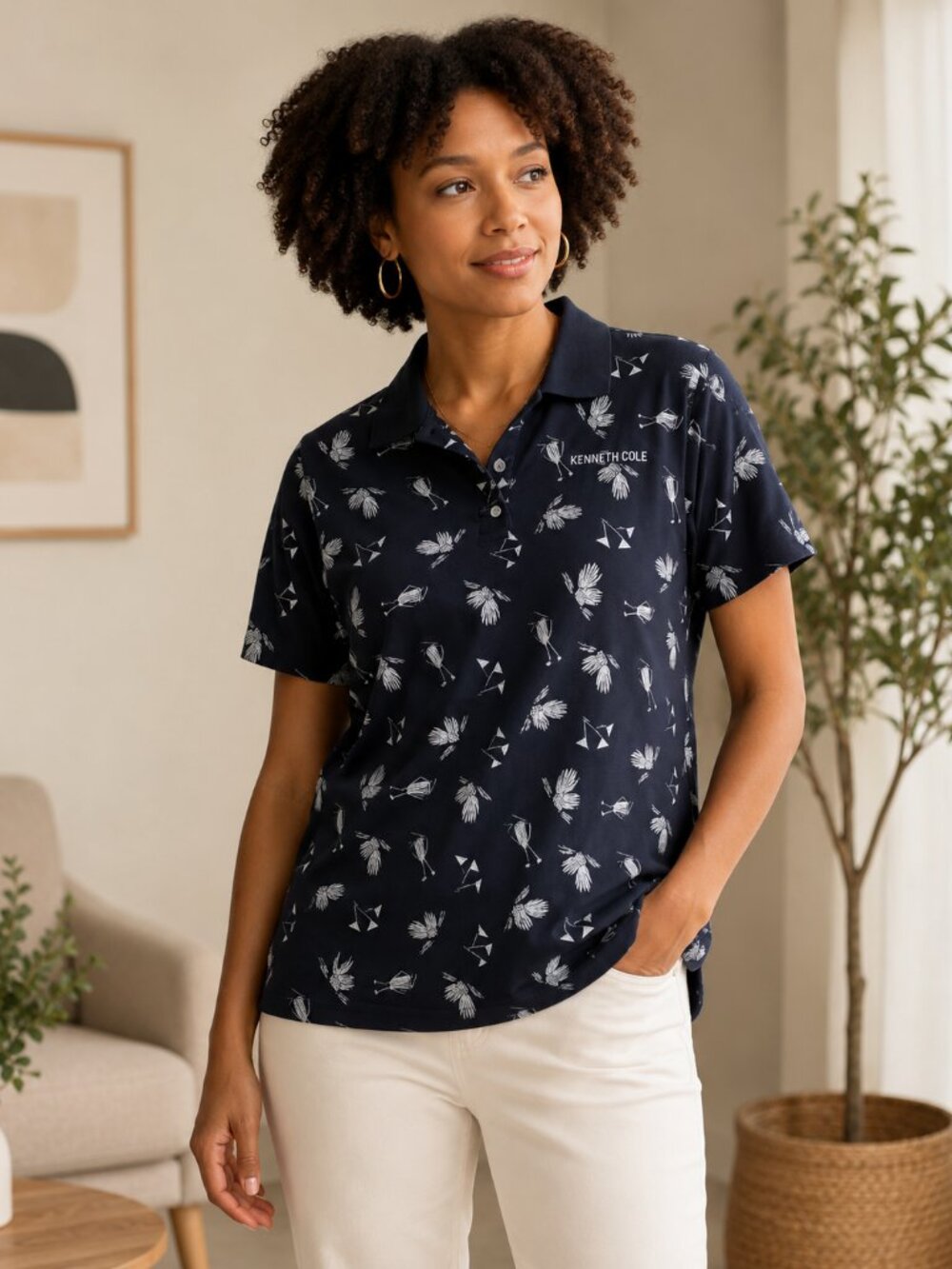 Kenneth Casuals Navy Tropical Polo Shirt Size Medium
